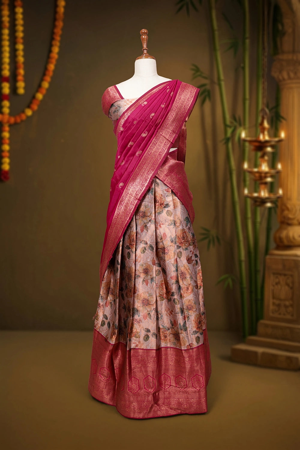 Olive Milk And Rani Pink Synthetic Borcade Dhavani Set - Seematti