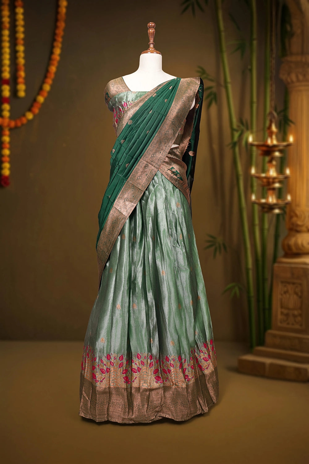 Green Semi Tissue Silk Dhavani Set