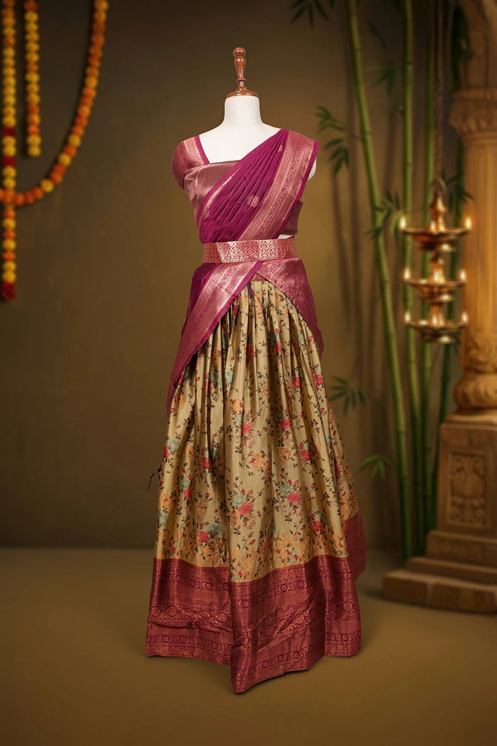 Flax Yellow And Wine Maroon Synthetic Brocade Dhavani Set