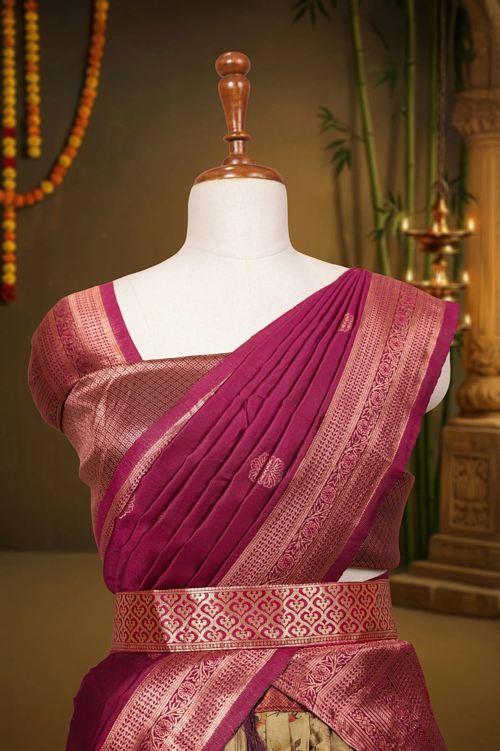 Flax Yellow And Wine Maroon Synthetic Brocade Dhavani Set