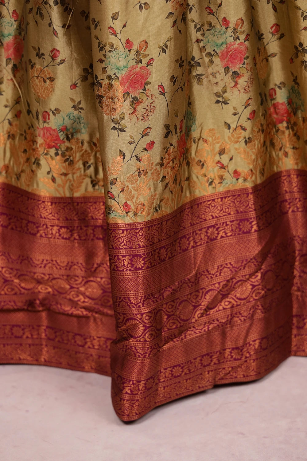 Flax Yellow And Wine Maroon Synthetic Brocade Dhavani Set