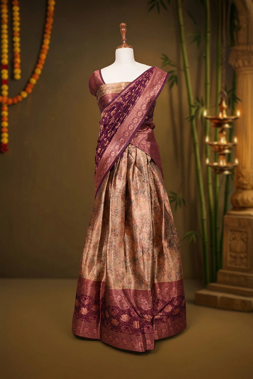 Olive Milk And Grape Wine Semi Banarasi Dhavani Set - Seematti