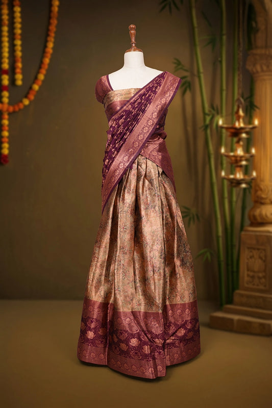 Olive Milk And Grape Wine Semi Banarasi Dhavani Set - Seematti