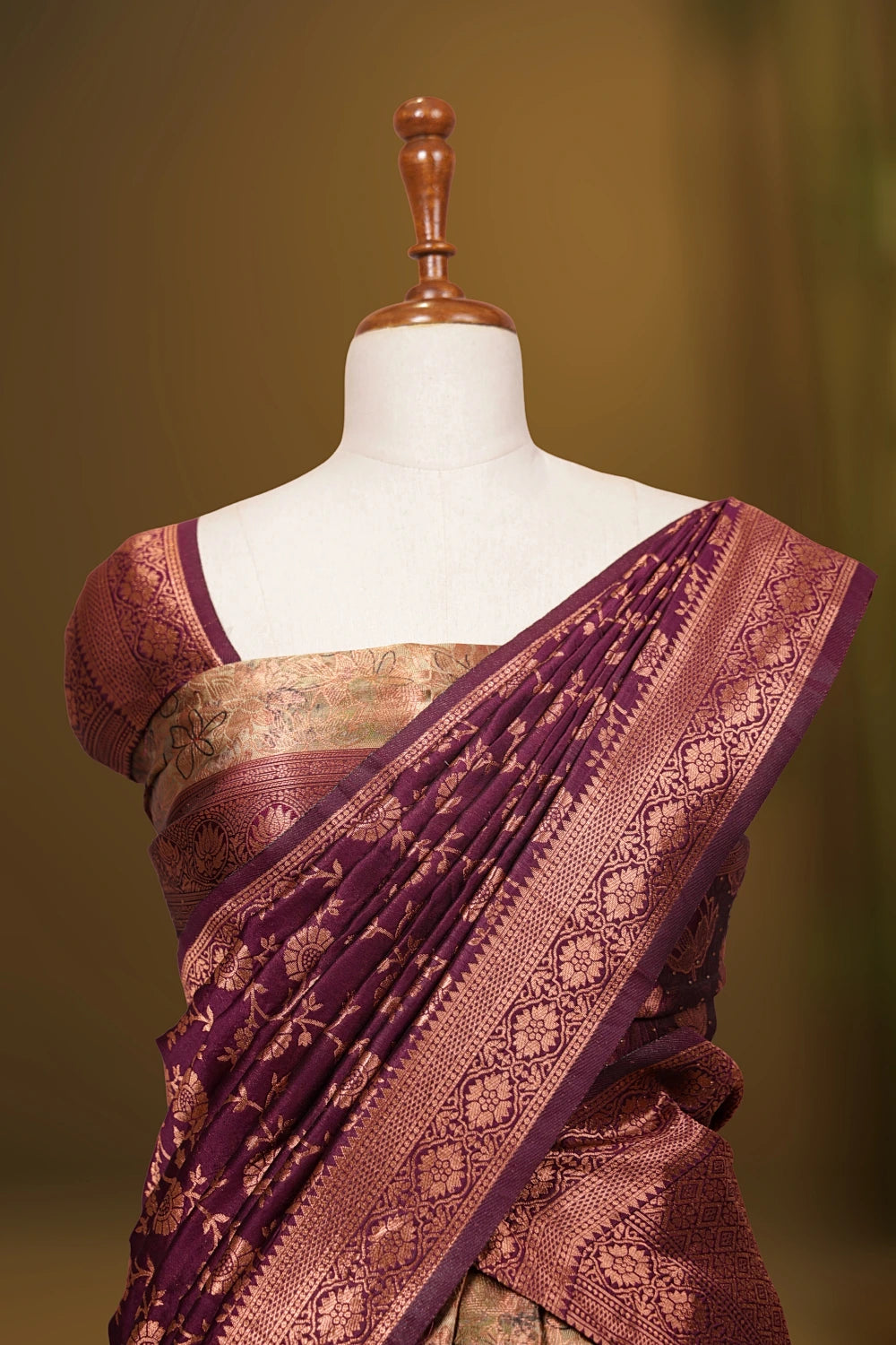 Olive Milk And Grape Wine Semi Banarasi Dhavani Set - Seematti