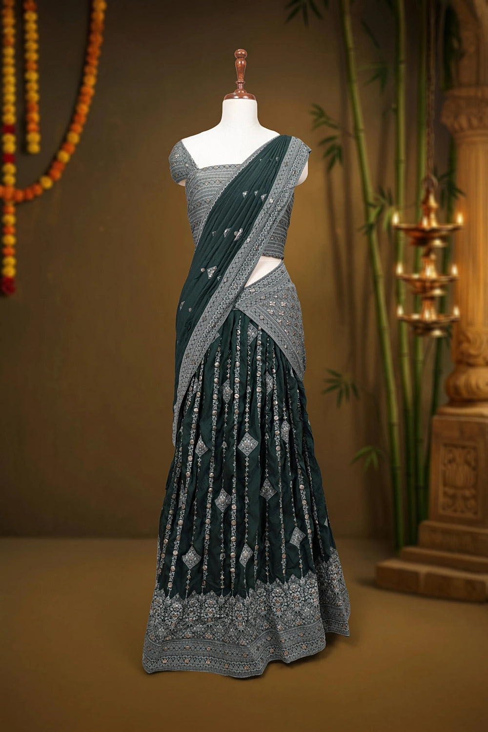 Dark Green And Shy Green Soft Raw Silk Dhavani Set