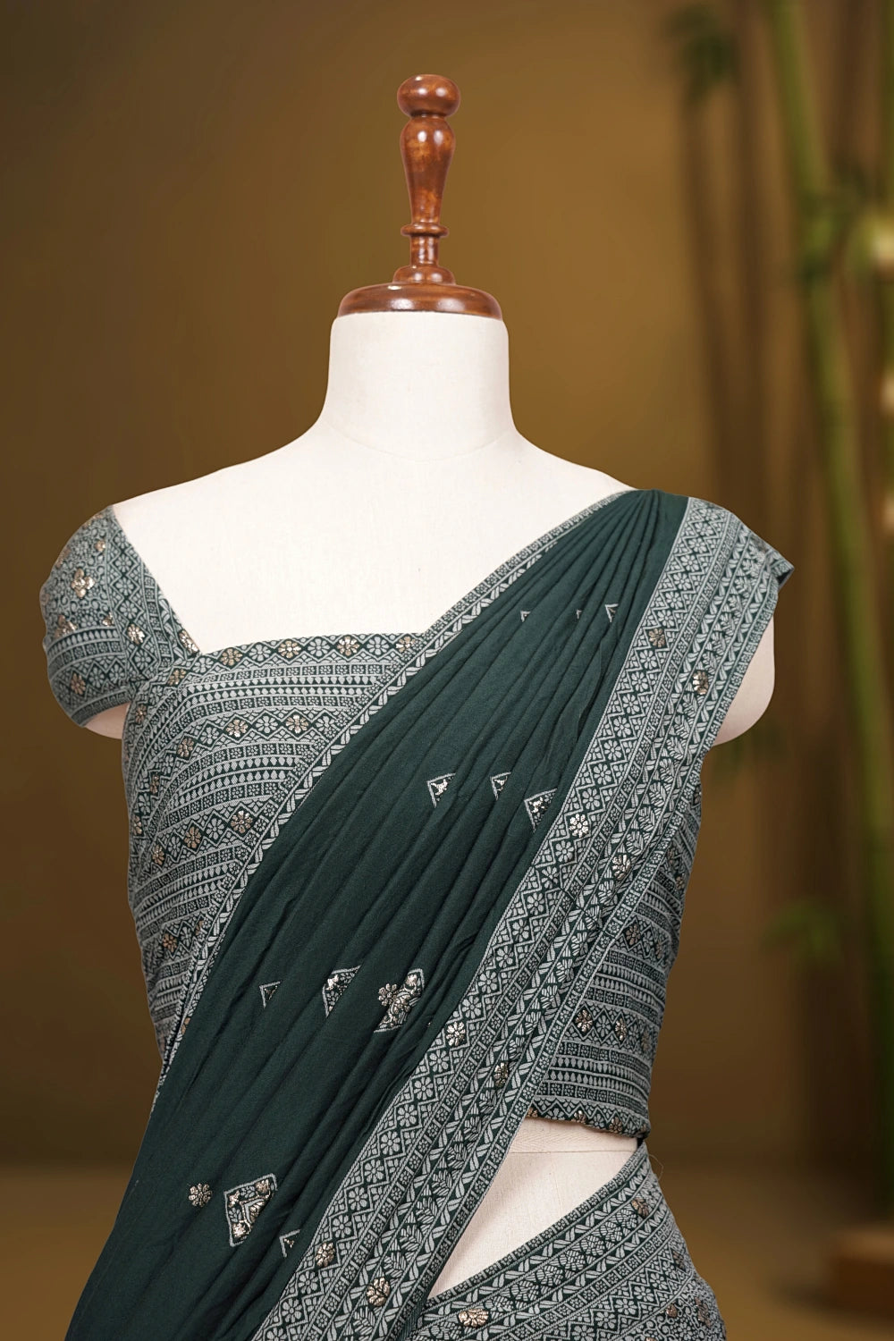 Dark Green And Shy Green Soft Raw Silk Dhavani Set