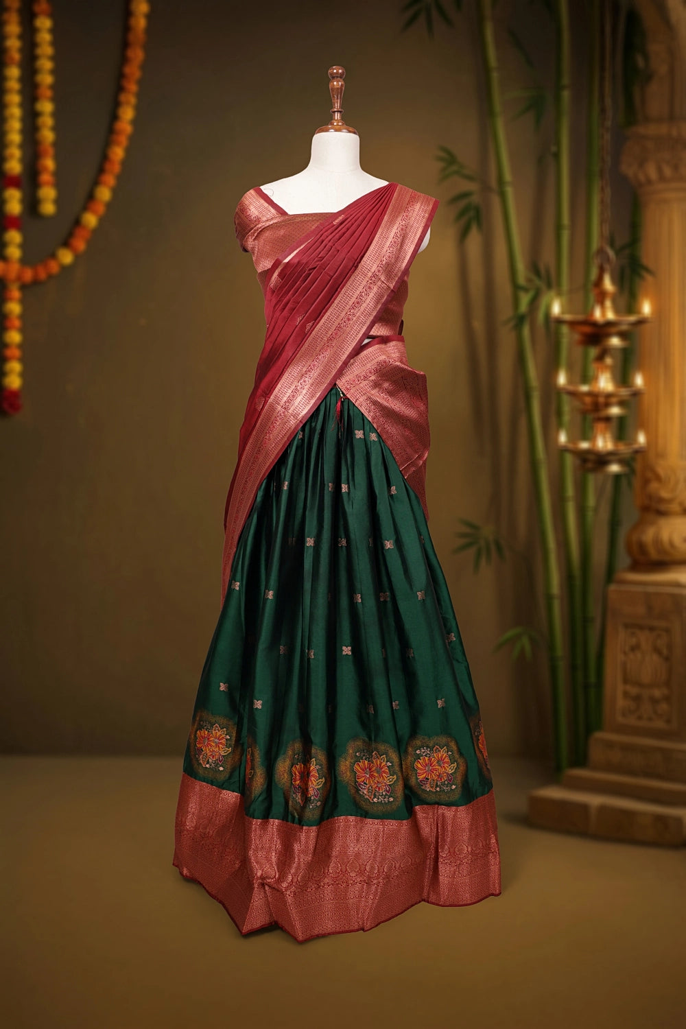 Dark Green And Maroon Synthetic Brocade Dhavani Set - Seematti