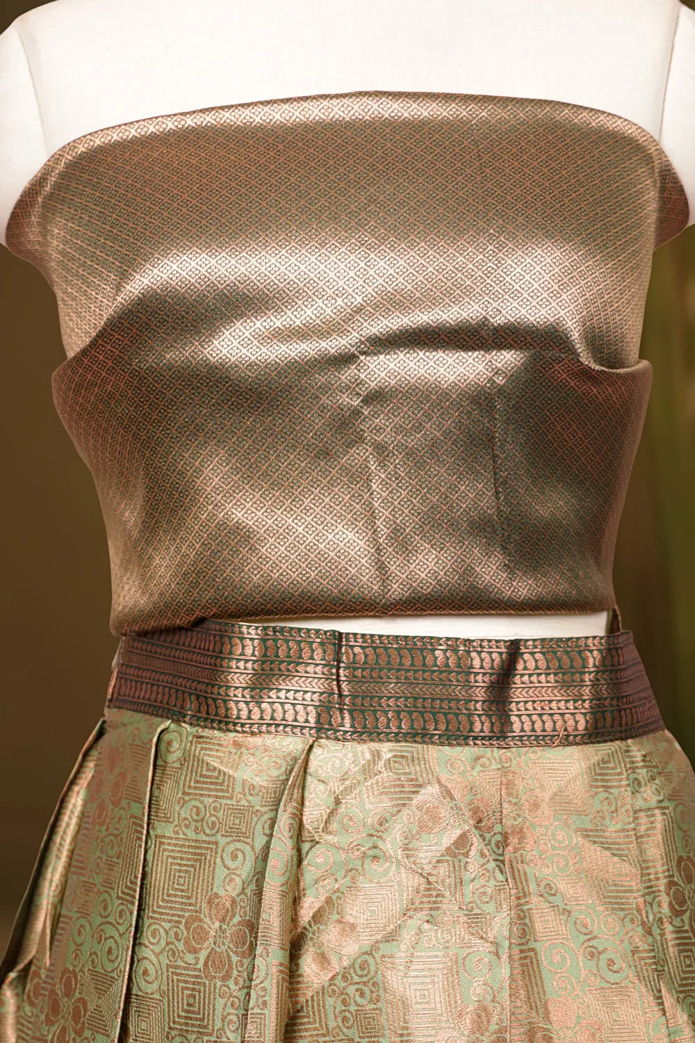 Tea Green And Bottle Green Synthetic Brocade Dhavani Set