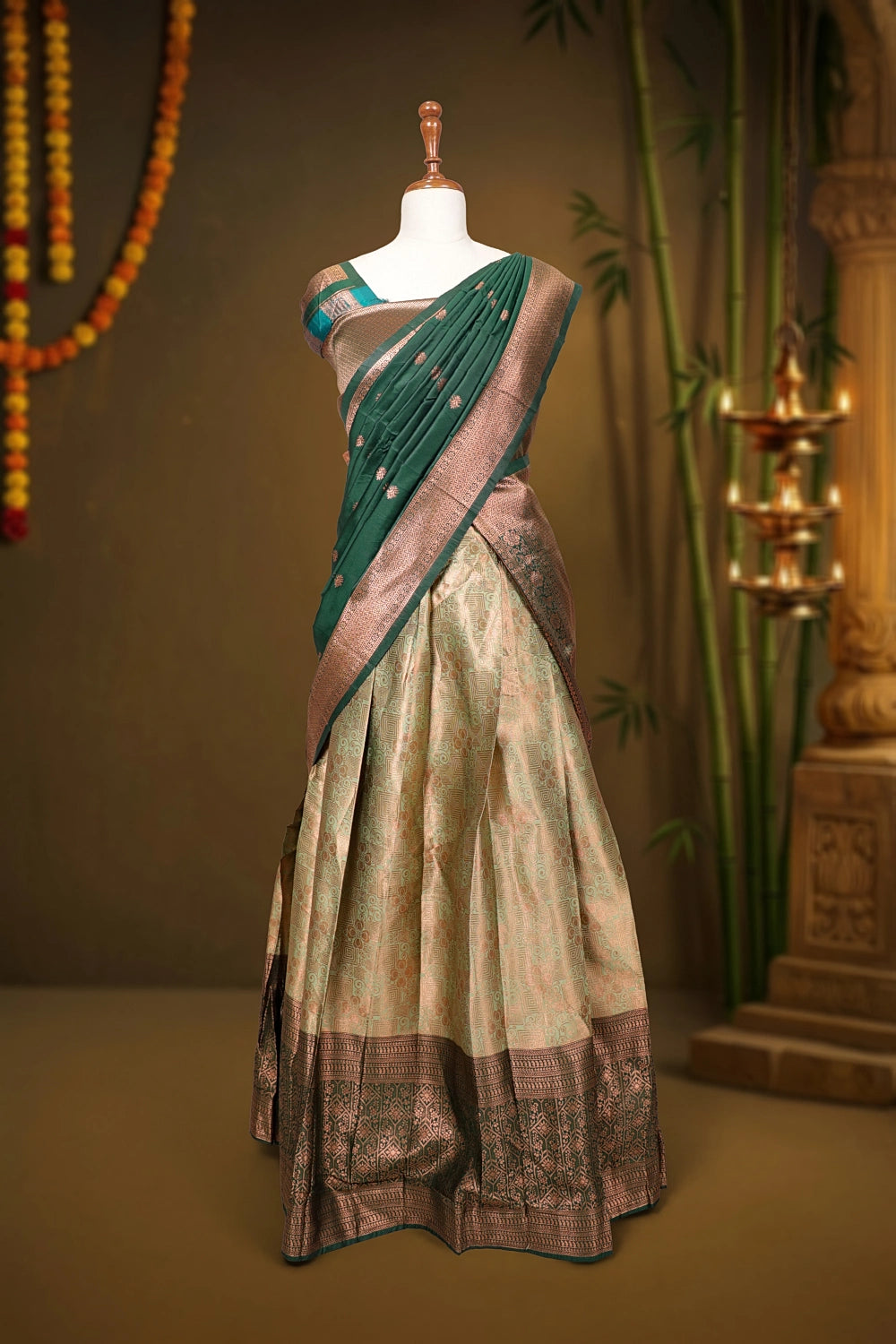 Tea Green And Bottle Green Synthetic Brocade Dhavani Set
