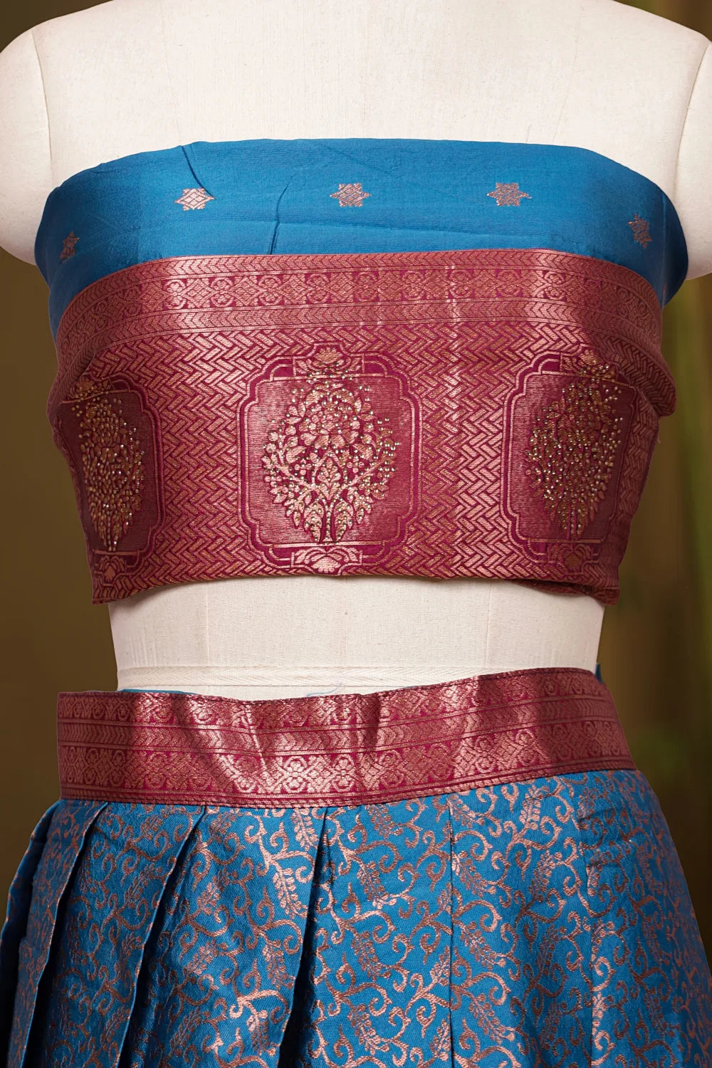 Ocean Blue And Wine Semi Silk Dhavani Set