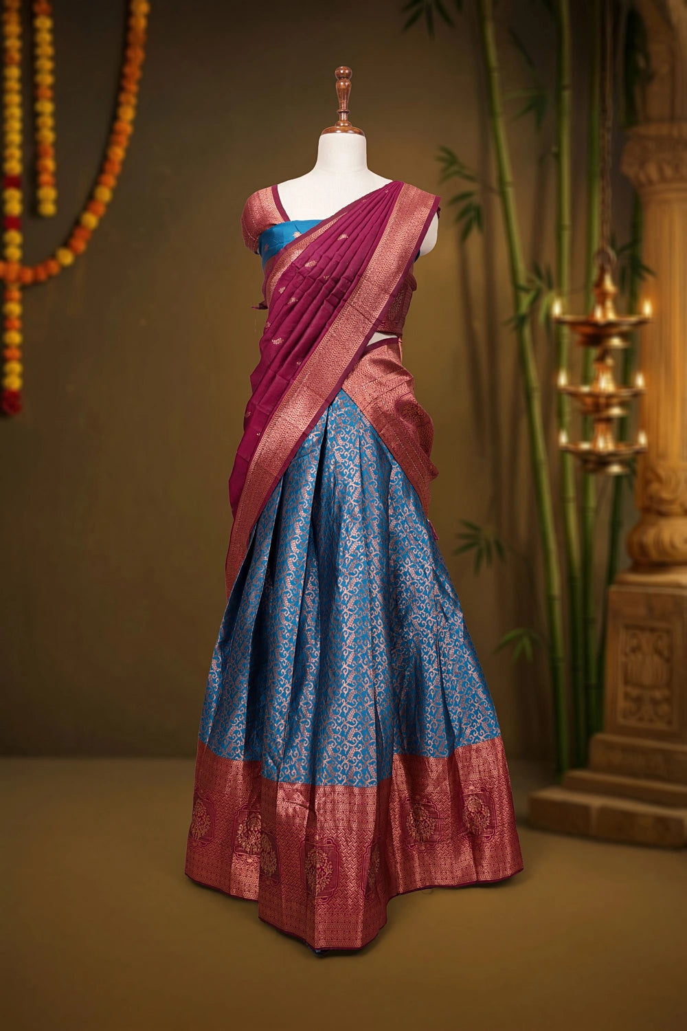 Ocean Blue And Wine Semi Silk Dhavani Set