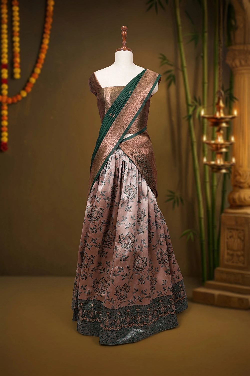 Pale Pink And Green Synthetic Brocade Dhavani Set
