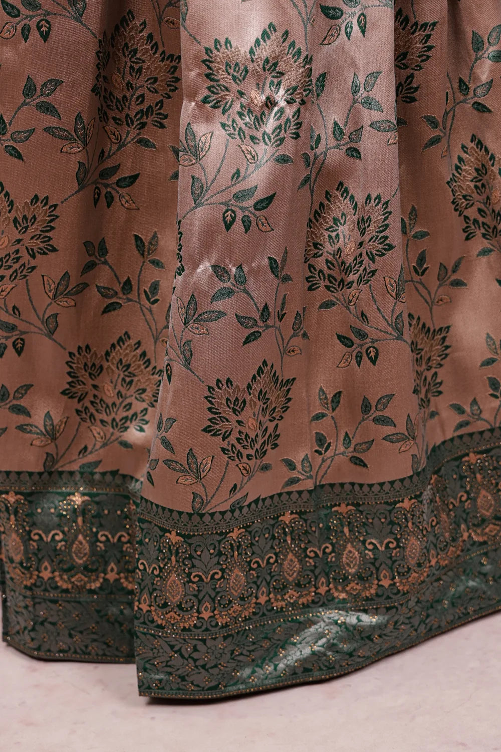 Pale Pink And Green Synthetic Brocade Dhavani Set