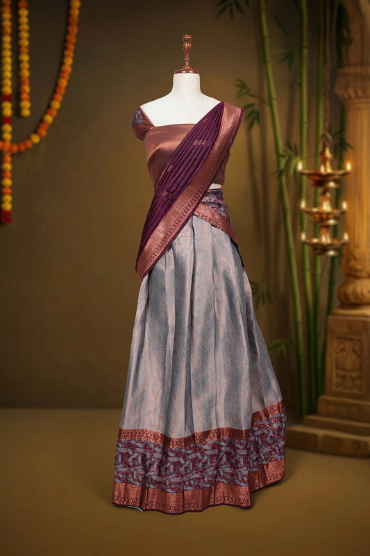 Grey And Grape Wine Brocade Dhavani Set - Seematti