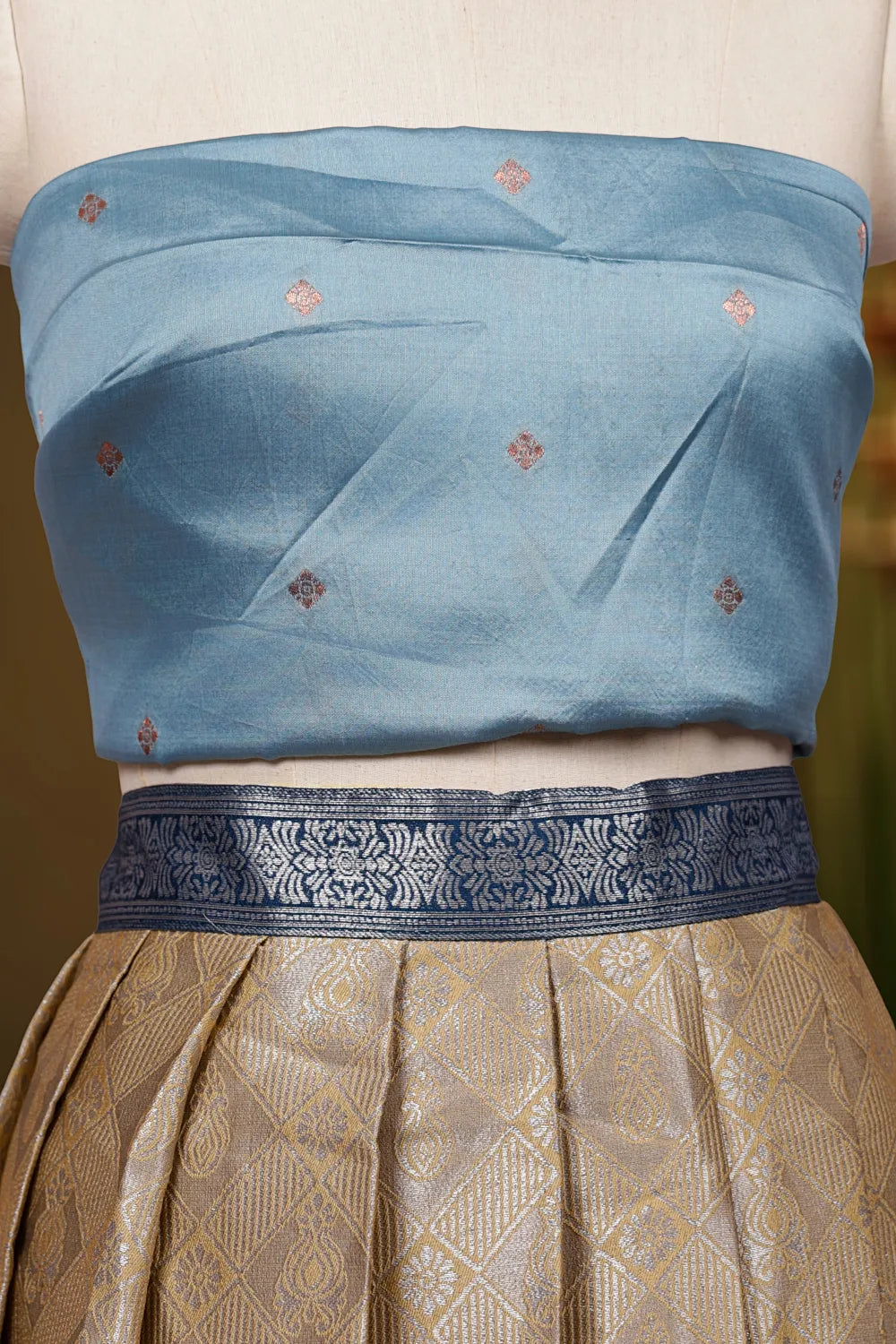 Beige, Pastel Blue & Deep Sea Blue Semi Silk  Dhavani Set