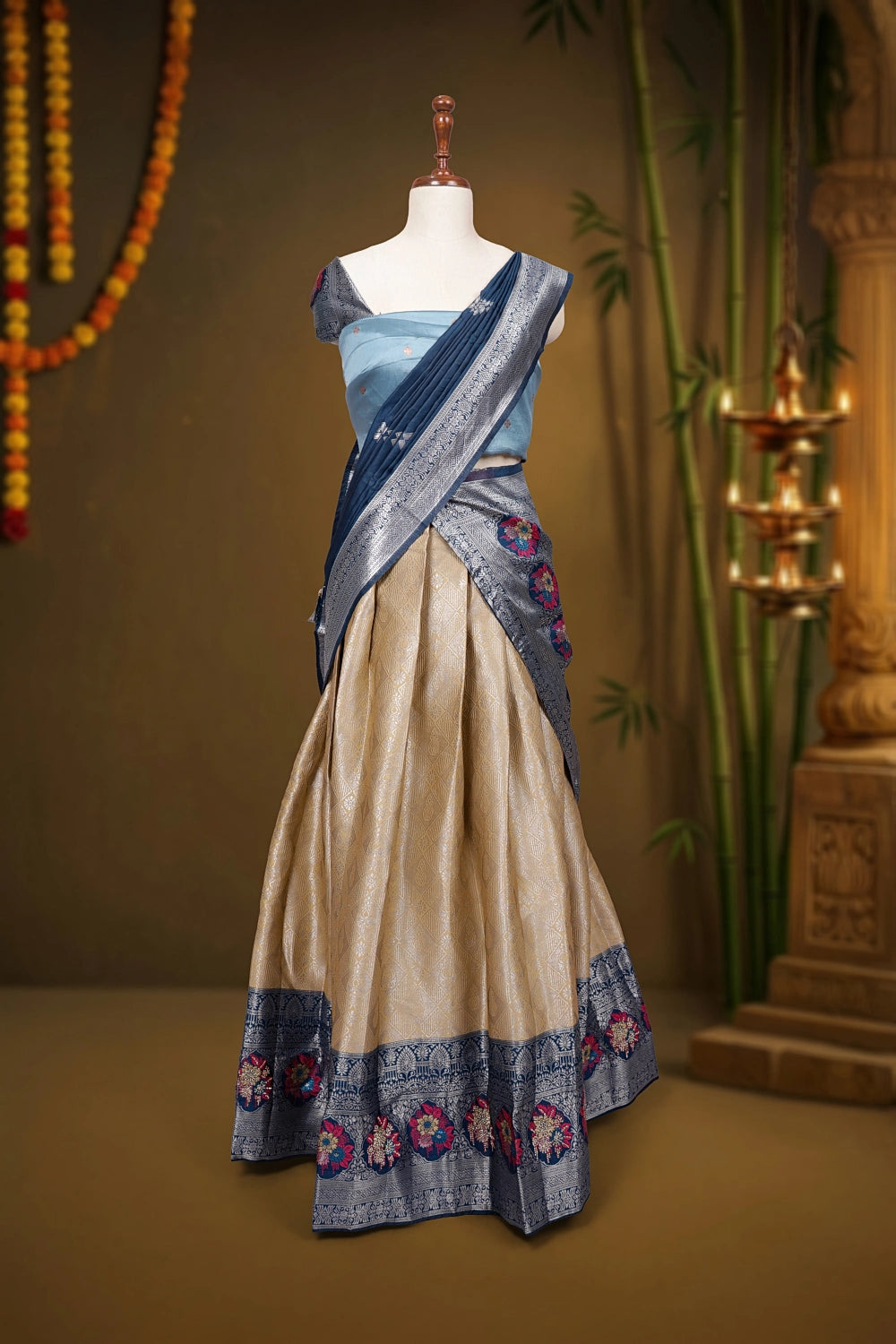 Beige, Pastel Blue & Deep Sea Blue Semi Silk  Dhavani Set