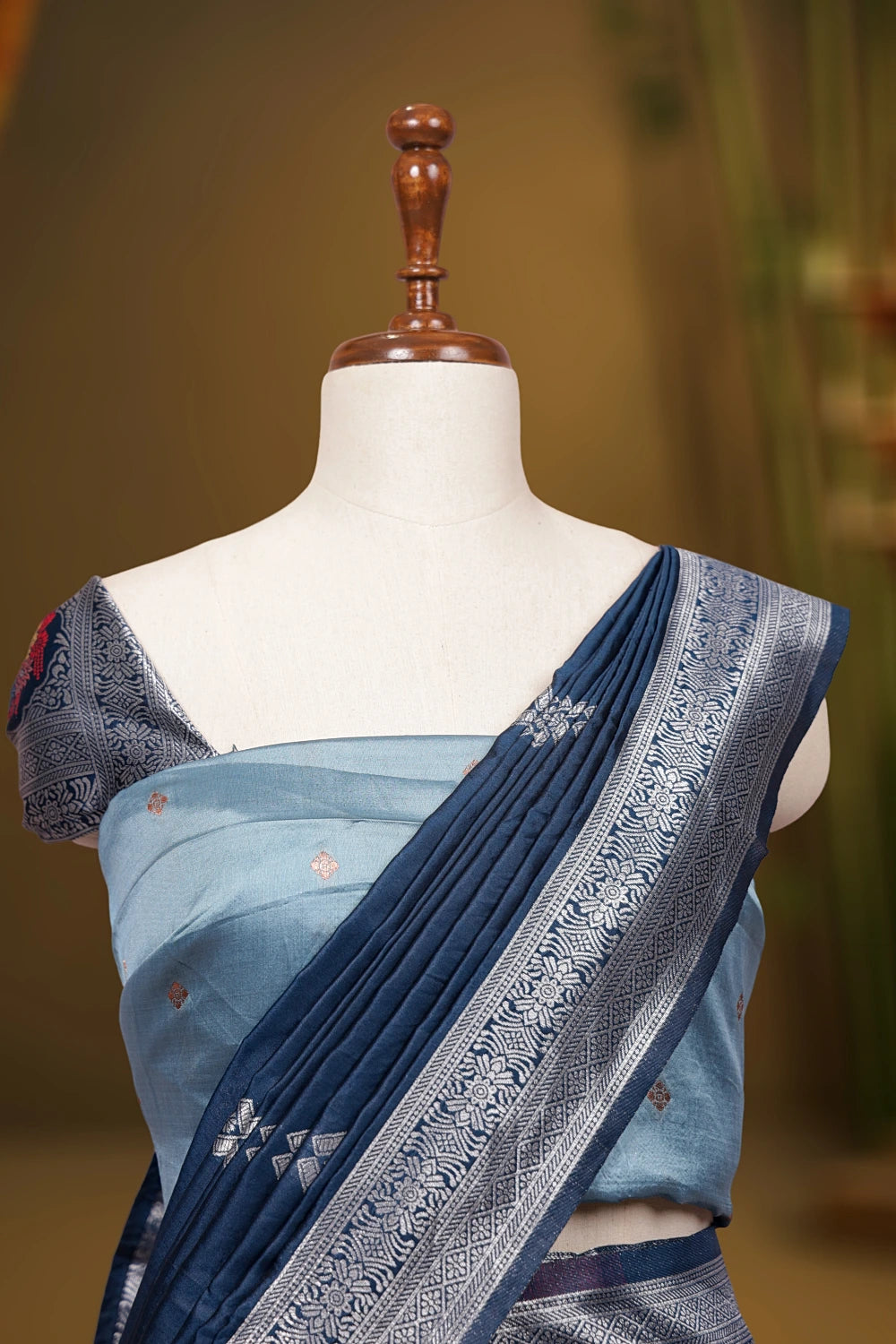 Beige, Pastel Blue & Deep Sea Blue Semi Silk  Dhavani Set