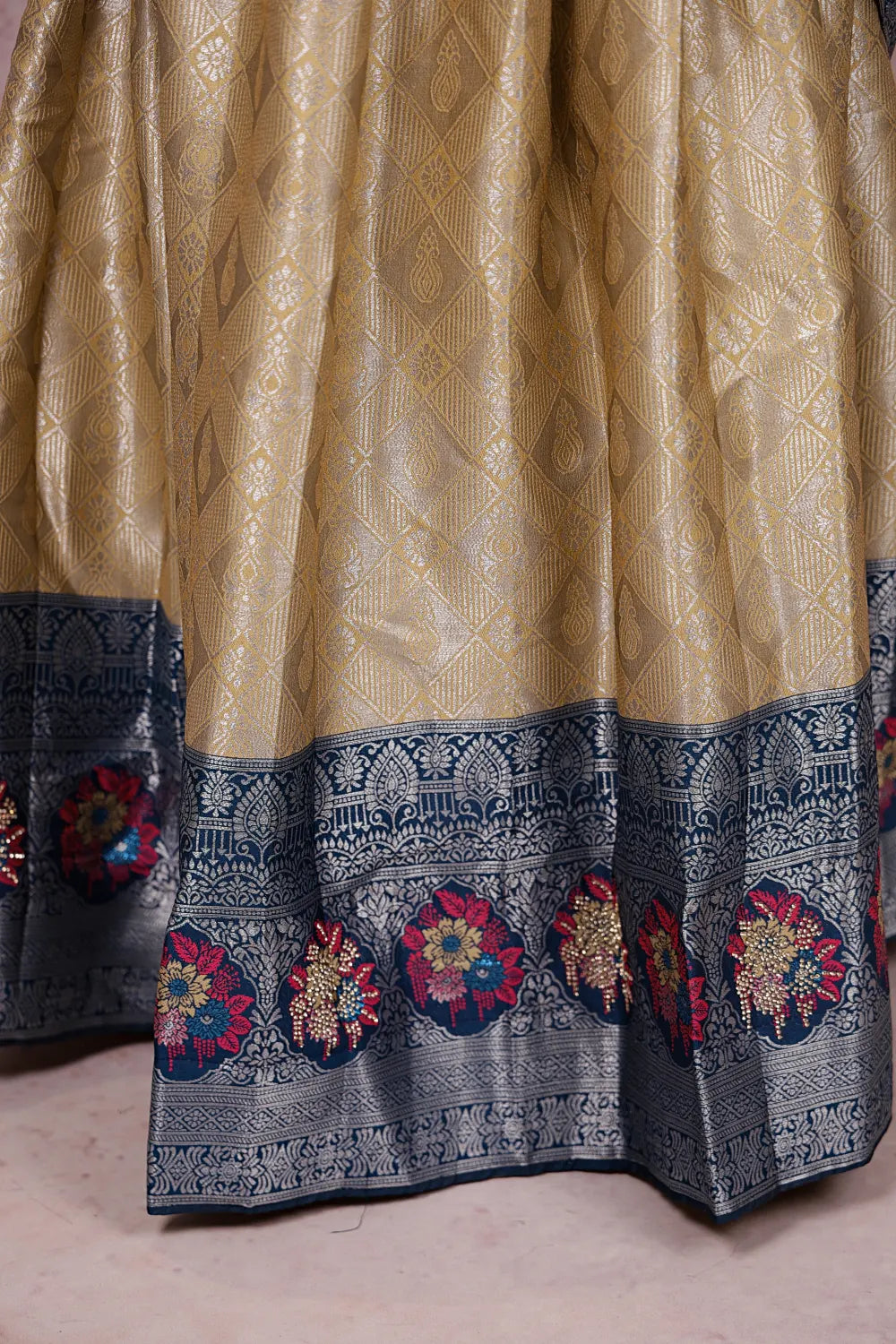 Beige, Pastel Blue & Deep Sea Blue Semi Silk  Dhavani Set