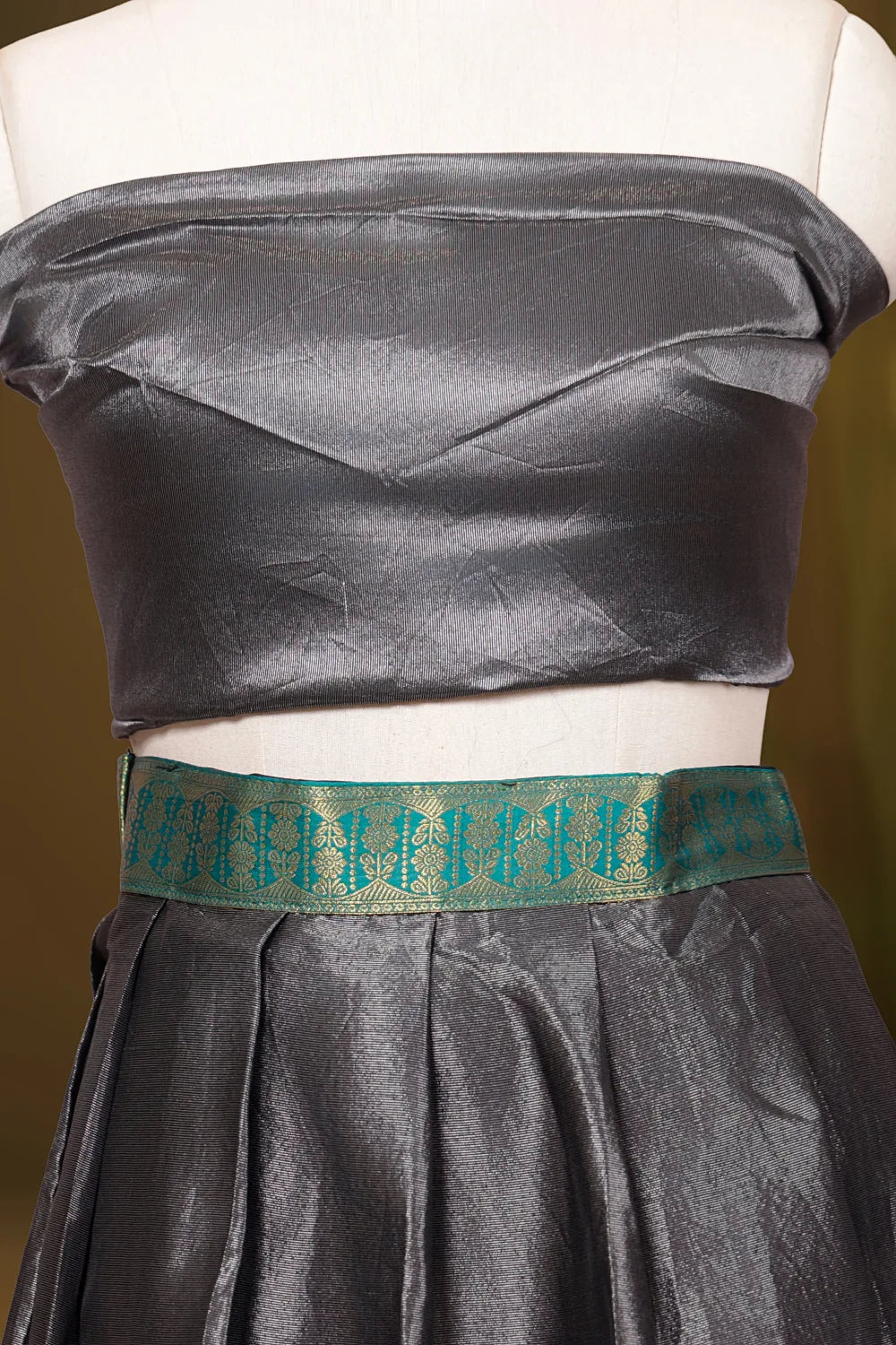 Dark Grey And Light Ocean Green Semi Tissue Silk Dhavani Set