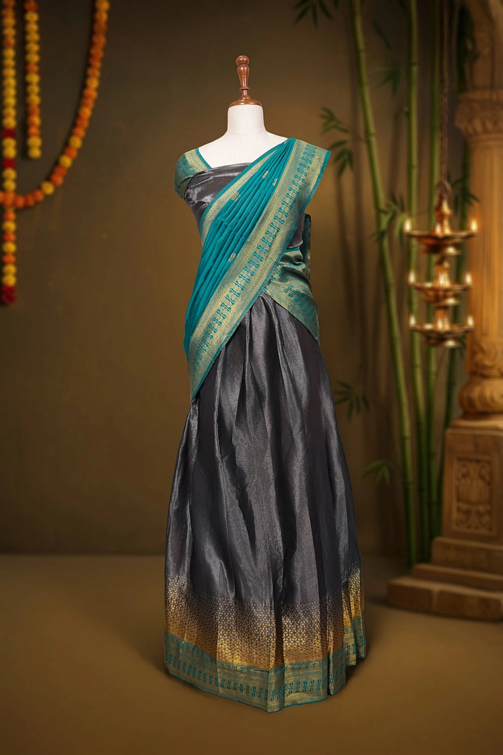 Dark Grey And Light Ocean Green Semi Tissue Silk Dhavani Set