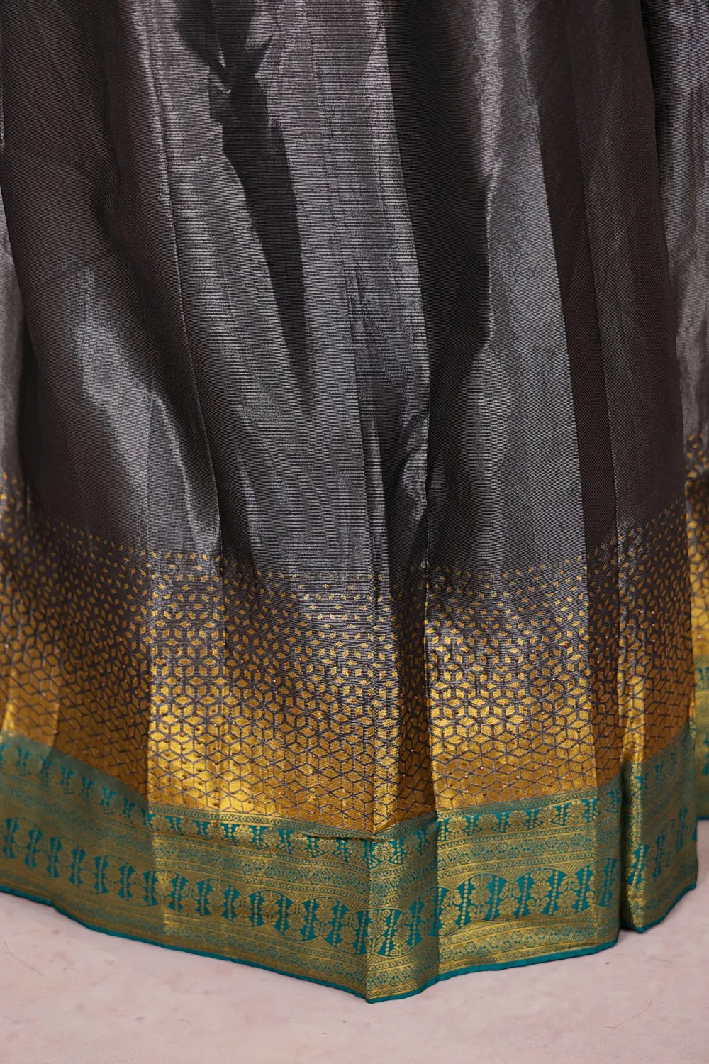 Dark Grey And Light Ocean Green Semi Tissue Silk Dhavani Set