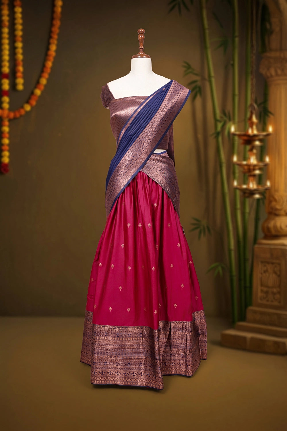 Rani Pink And Navy Blue Synthetic Brocade Dhavani Set