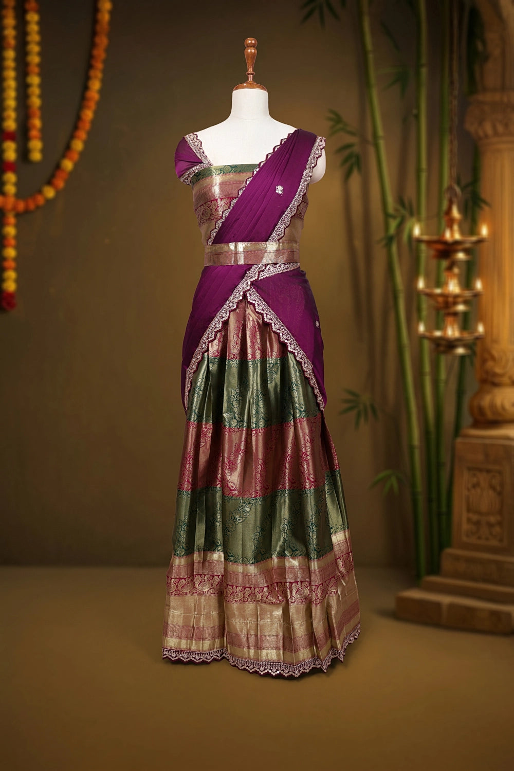 Green And Wine Synthetic Brocade Dhavani Set