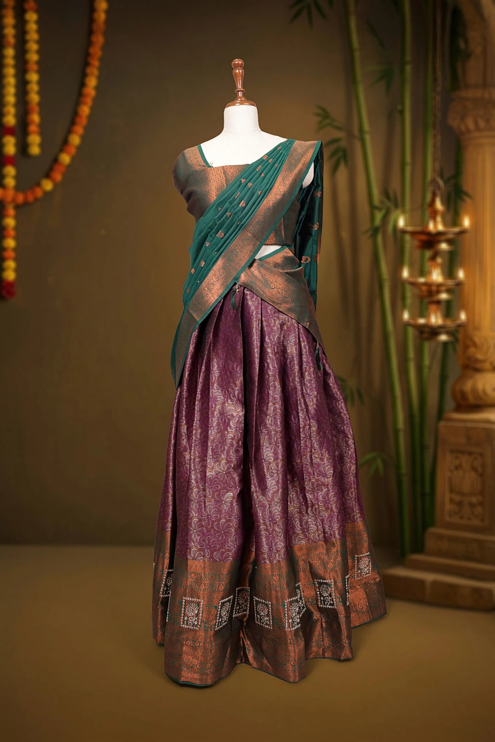 Purple And Dark Green Synthetic Brocade Dhavani Set