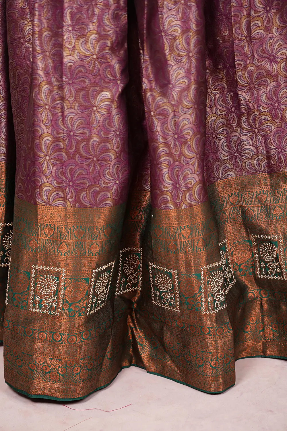 Purple And Dark Green Synthetic Brocade Dhavani Set
