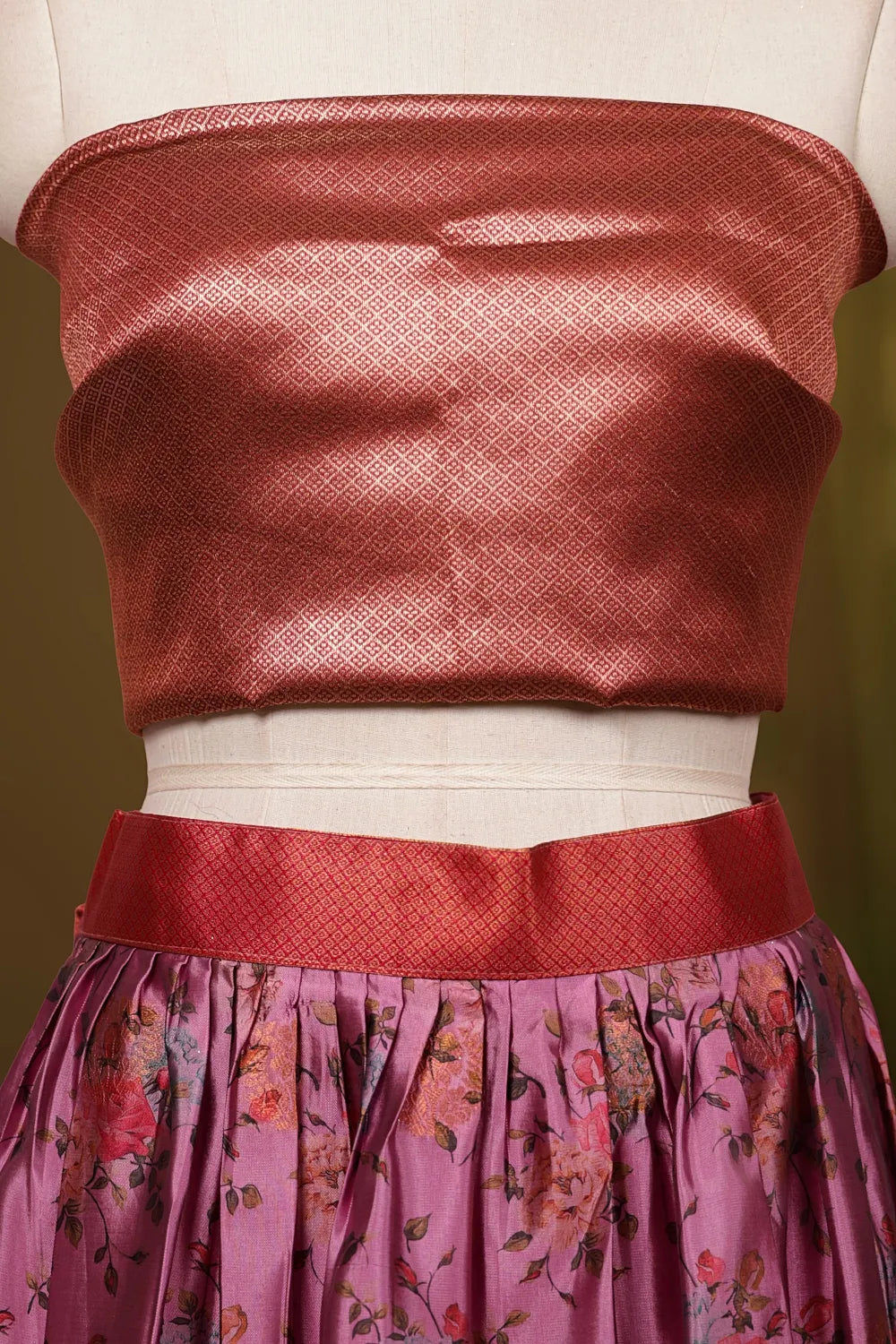 Onion Pink And Red Synthetic Brocade Dhavani Set