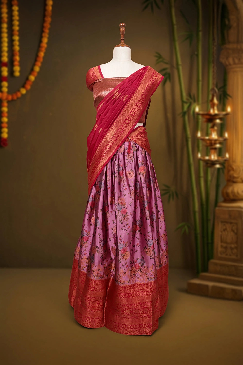 Onion Pink And Red Synthetic Brocade Dhavani Set