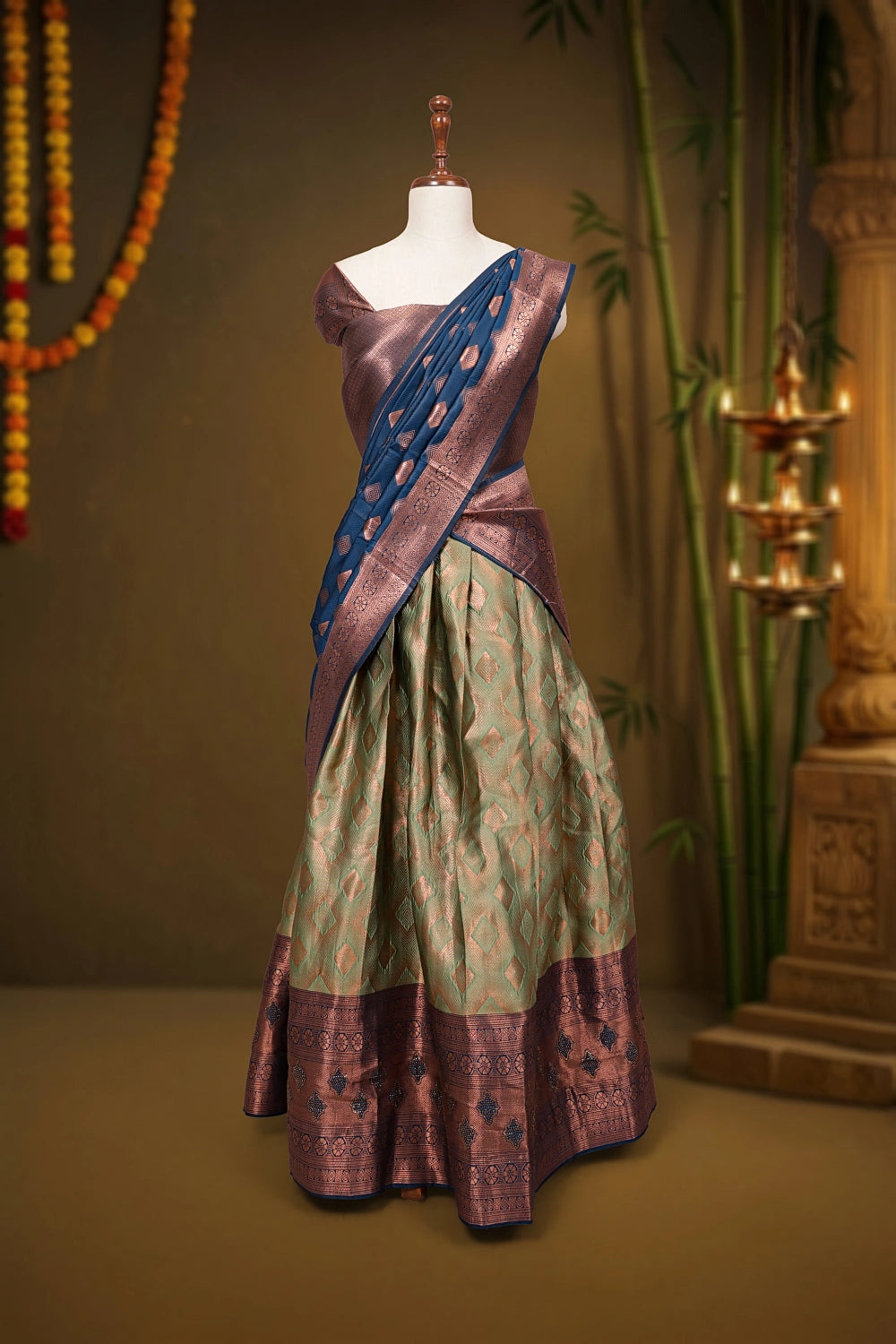 Pista Green And Teal Blue Synthetic Brocade Dhavani Set