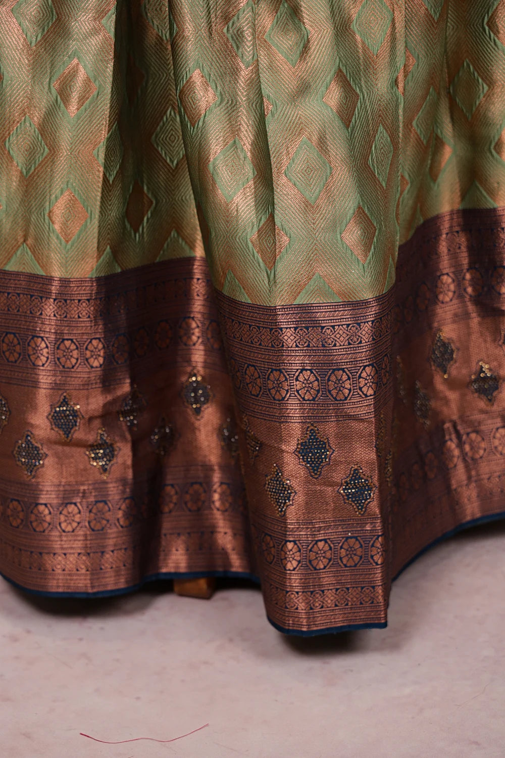 Pista Green And Teal Blue Synthetic Brocade Dhavani Set