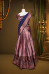 Lavender And Navy Blue Synthetic Brocade Dhavani Set - Seematti