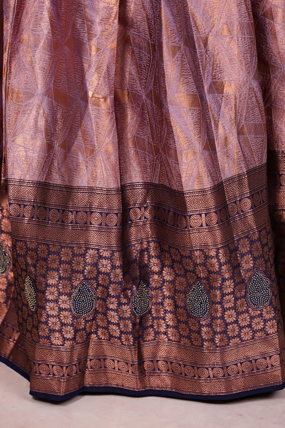 Lavender And Navy Blue Synthetic Brocade Dhavani Set - Seematti