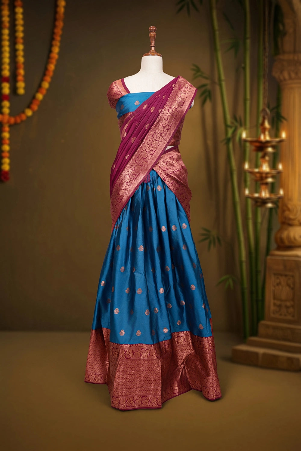 Marine Blue And Wine Semi Silk Dhavani Set - Seematti