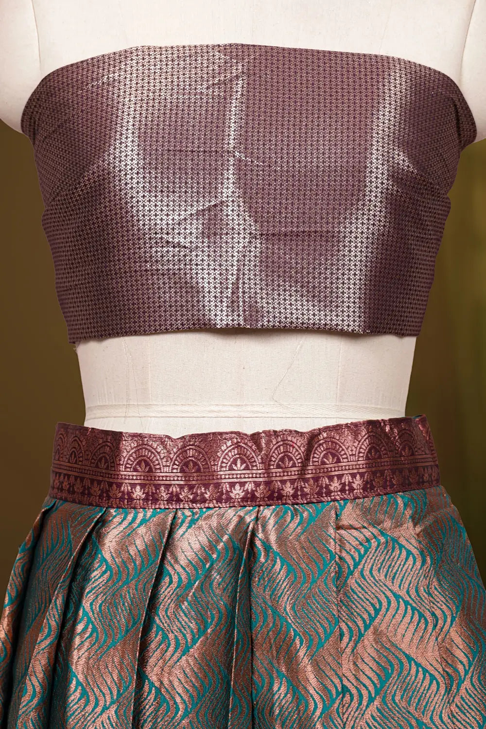 Teal Green And Violet Synthetic Brocade Dhavani Set