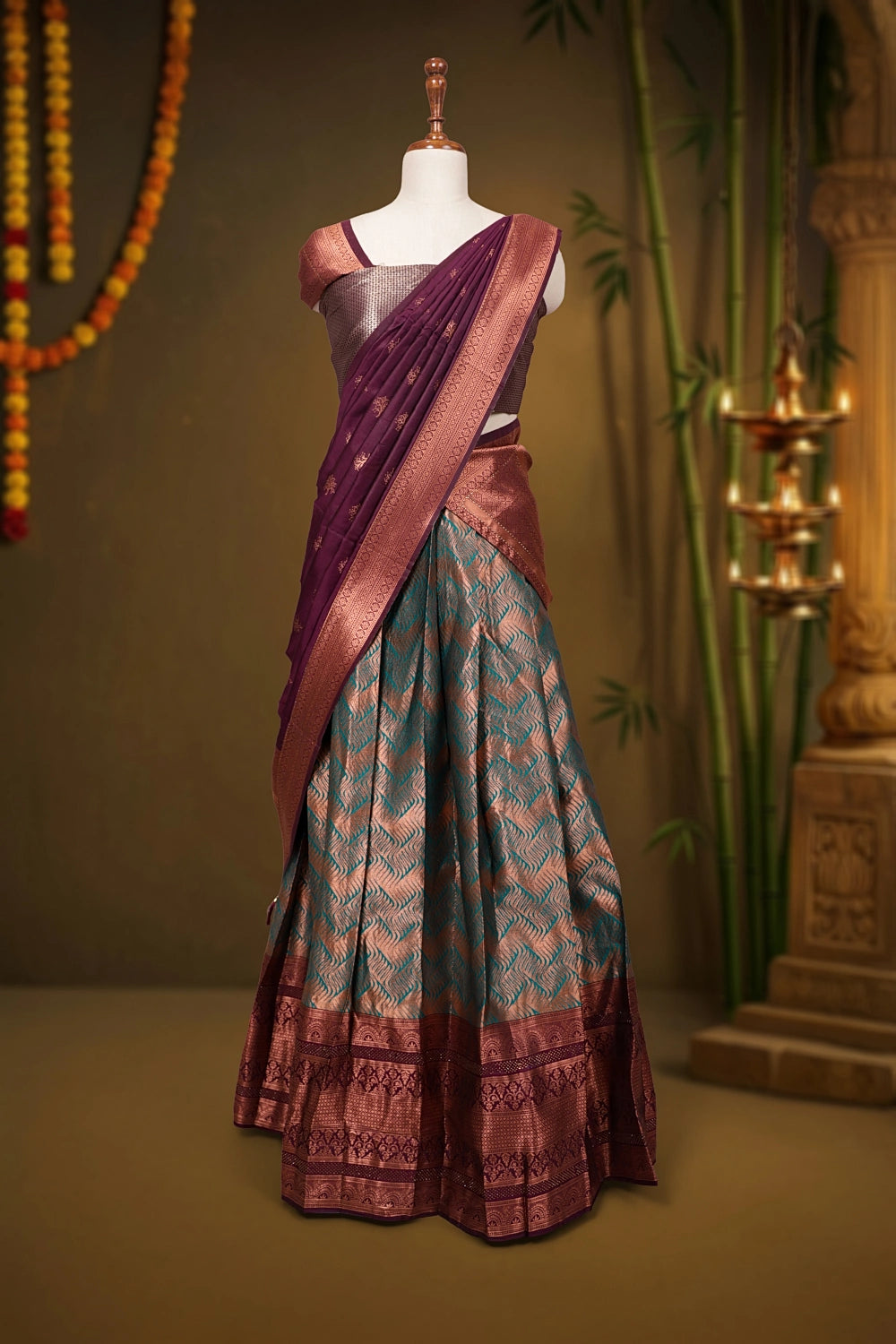 Teal Green And Violet Synthetic Brocade Dhavani Set