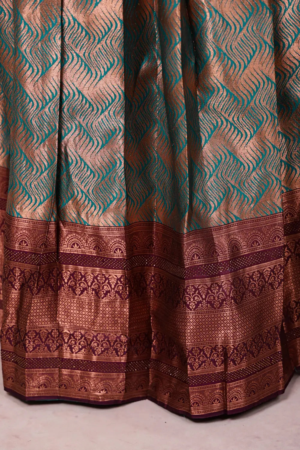 Teal Green And Violet Synthetic Brocade Dhavani Set