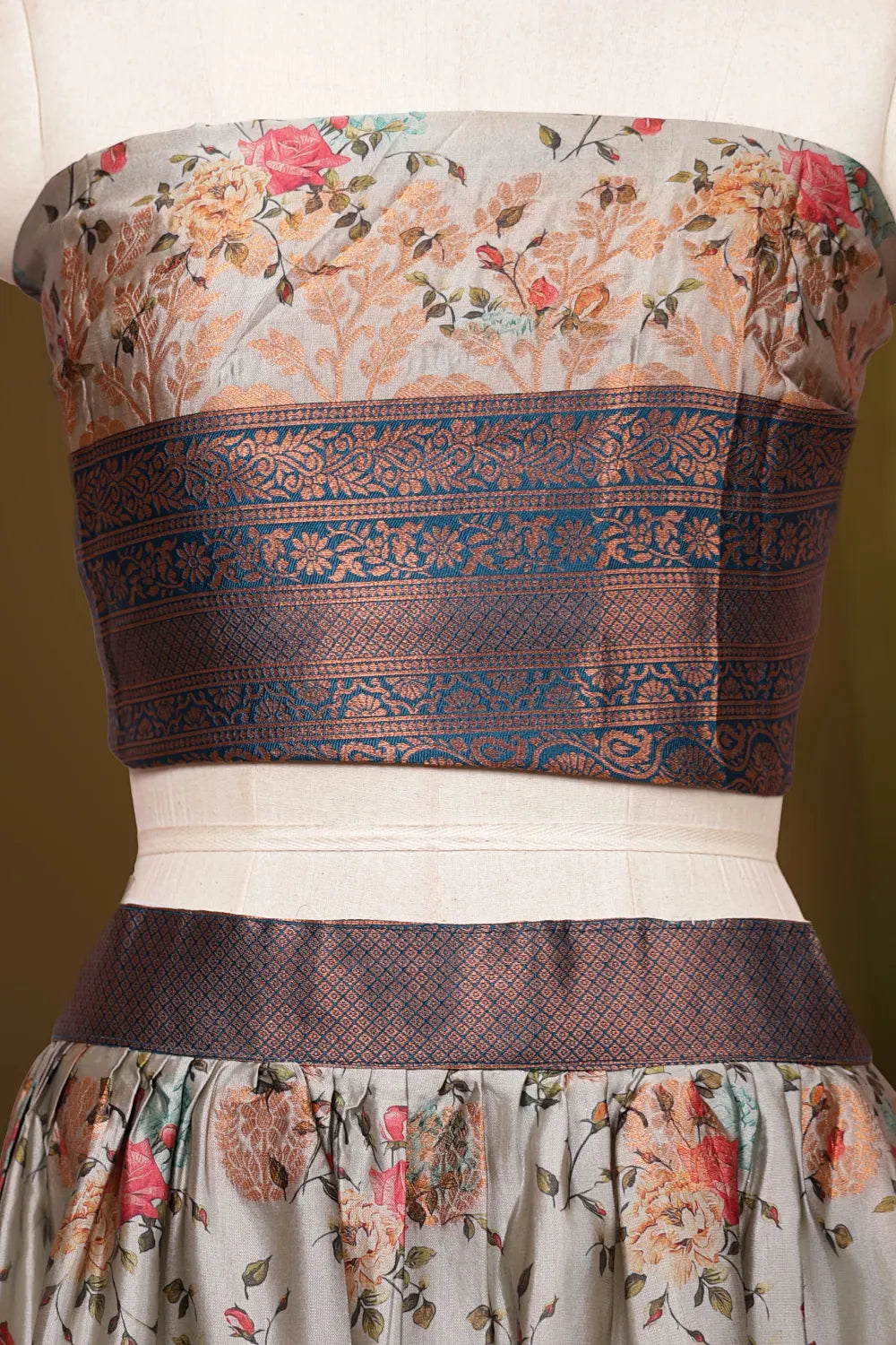 Grey And Teal Blue Synthetic Silk Dhavani Set