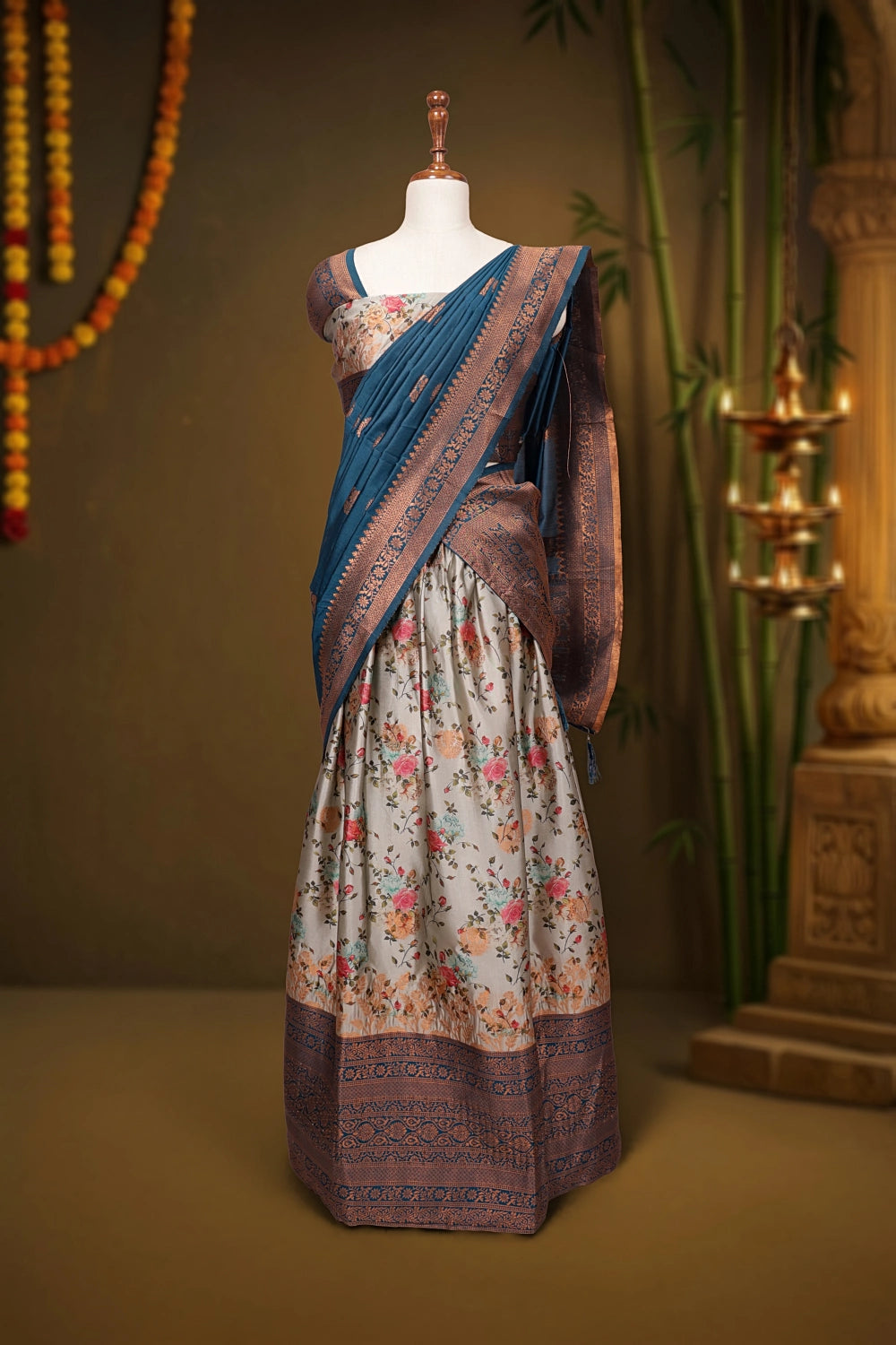 Grey And Teal Blue Synthetic Silk Dhavani Set