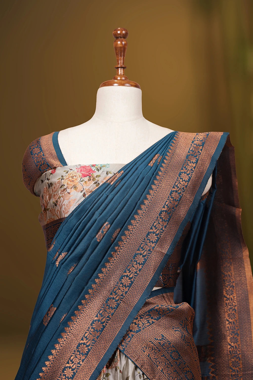 Grey And Teal Blue Synthetic Silk Dhavani Set