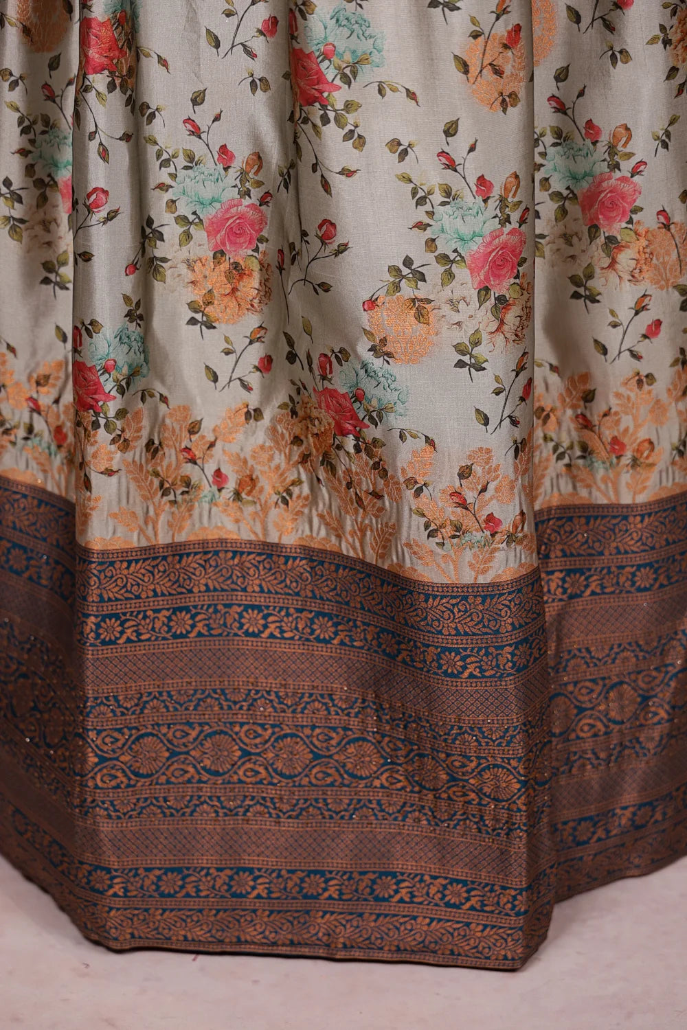 Grey And Teal Blue Synthetic Silk Dhavani Set