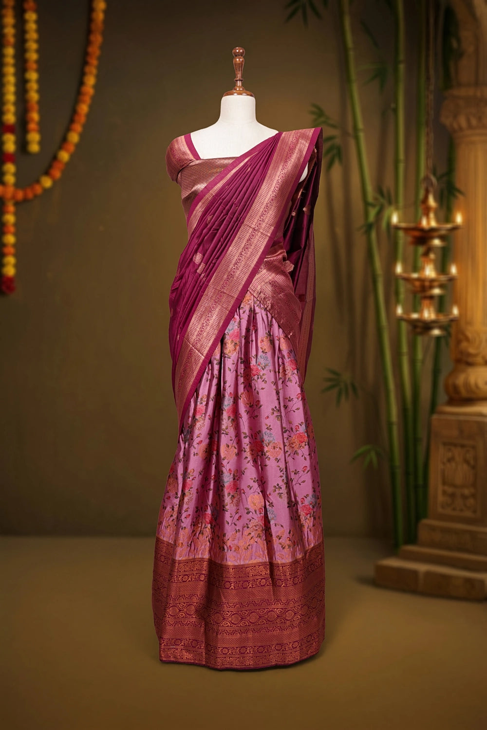 Dark Onion Pink And Wine Synthetic Brocade Dhavani Set