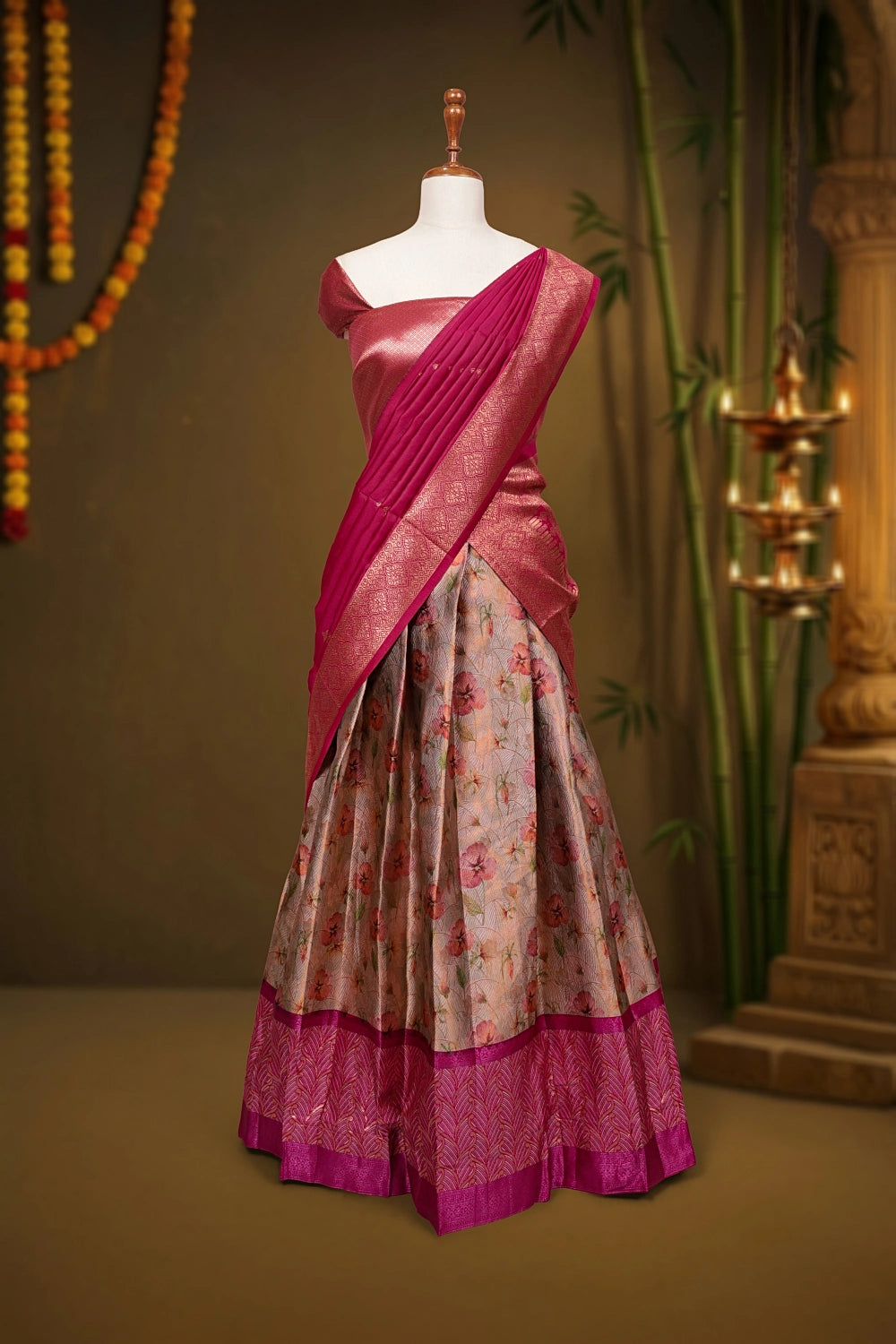 Metallic Champagne Colour And Reddish Maroon Dhavani set