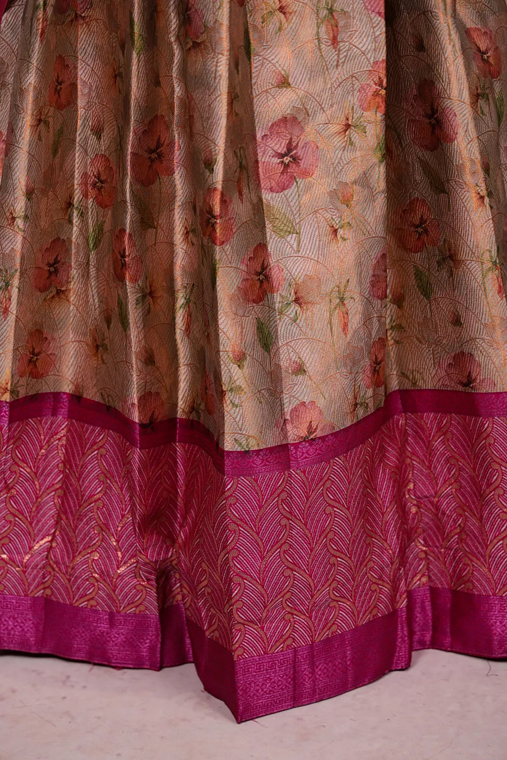 Metallic Champagne Colour And Reddish Maroon Dhavani set
