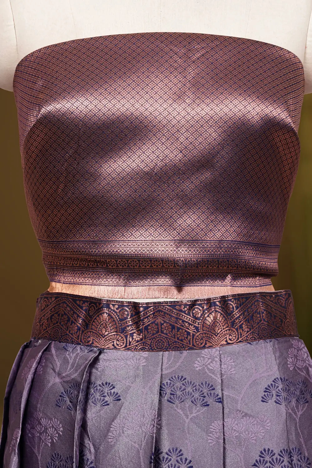 Lavender And Navy Blue Synthetic Brocade Dhavani Set - Seematti