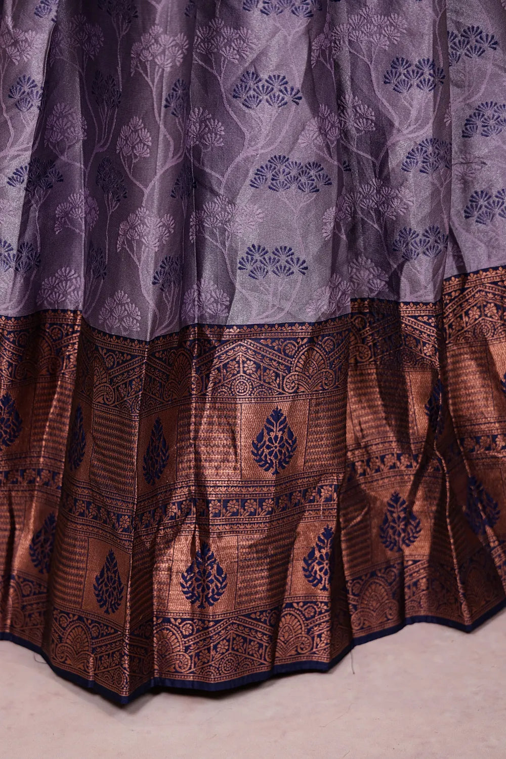Lavender And Navy Blue Synthetic Brocade Dhavani Set - Seematti