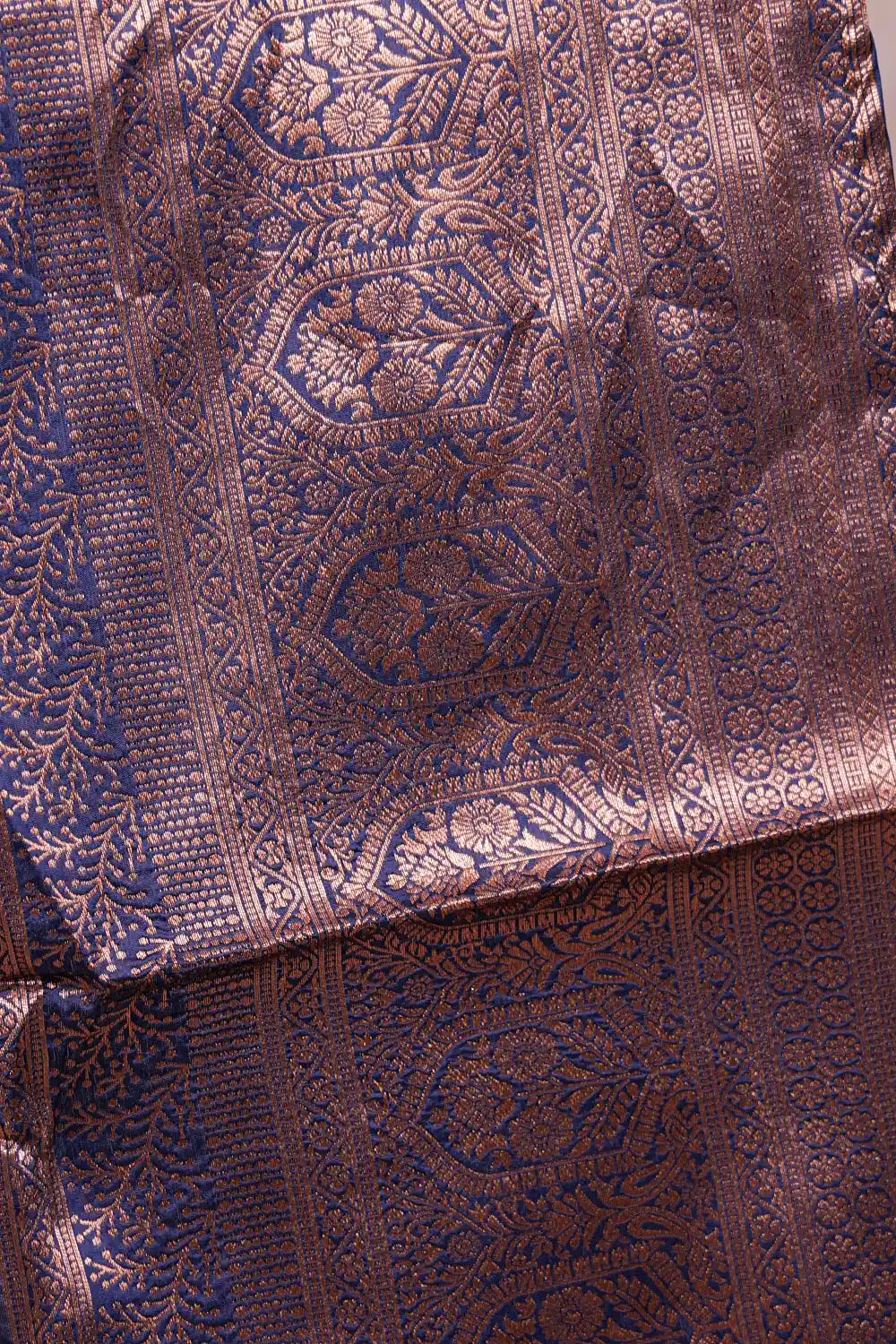 Lavender And Navy Blue Synthetic Brocade Dhavani Set - Seematti