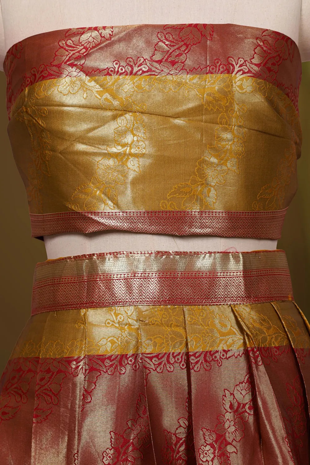 Mustard Yellow & Red Synthetic Brocade Dhavani Set